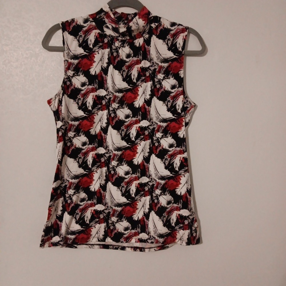 Style & Co Sleeveless Top Women's Black/Gray/Hot Pink/ White Sz.M Feather Print